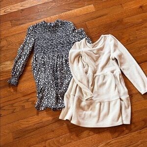 Floral Black & White Smocked girls Dress + Cream Knit Tiered Dress - Set